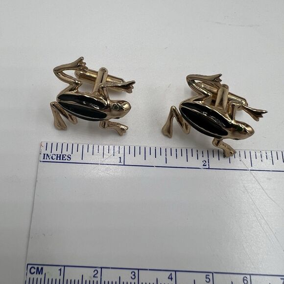 Vintage Tree Frog Cufflinks Black And Gold Formal Wedding Holiday Bold Gold - Picture 3 of 4